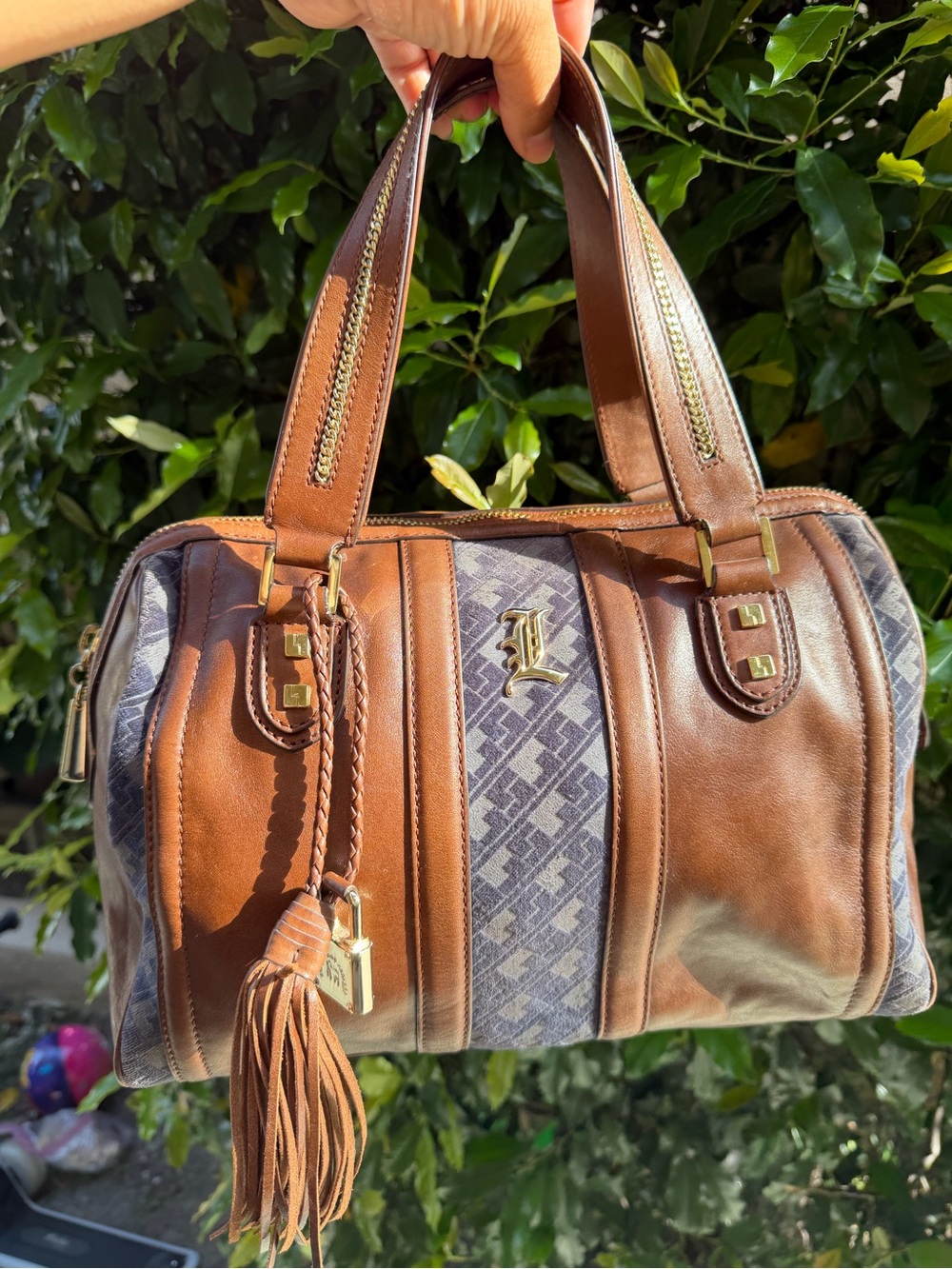 L.A.M.B Blue suede & brown leather satchel - Picture 2 of 10